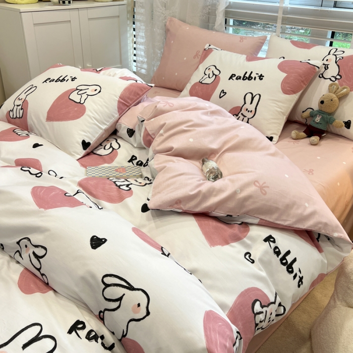 91家纺网 家纺一手货源 找家纺 晨希2023年新款全棉卡通印花简约款多规格四件套  爱心兔