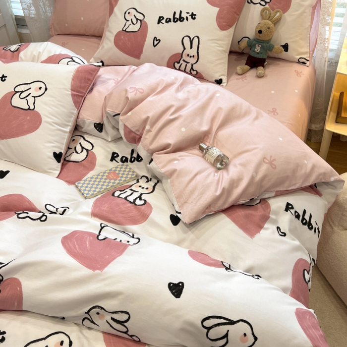 91家纺网 家纺一手货源 找家纺 晨希2023年新款全棉卡通印花简约款多规格四件套  爱心兔