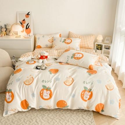 91家纺网 家纺一手货源 找家纺 黑马家居 2023新款喷气全棉斜纹四件套 蜜桔兔