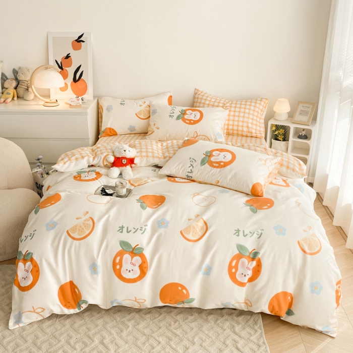 91家纺网 家纺一手货源 找家纺 黑马家居 2023新款喷气全棉斜纹四件套 蜜桔兔