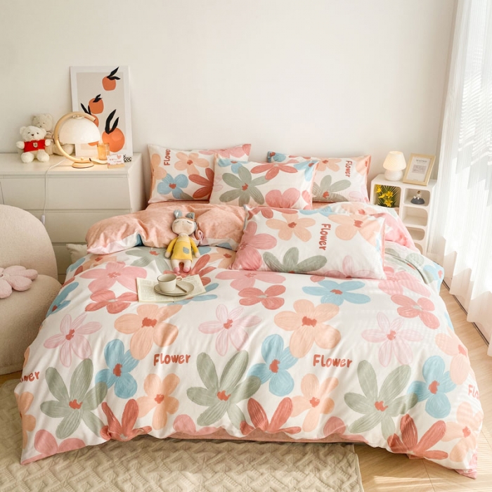 91家纺网 家纺一手货源 找家纺 黑马家居 2023新款喷气全棉斜纹四件套 七色花语