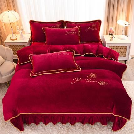 91家纺网 家纺一手货源 找家纺 （总）博兰蒂2022高克重牛奶绒素色绣花床裙四件套直播爆款-水仙