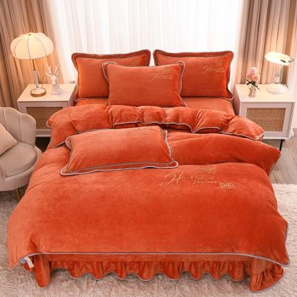 91家纺网 家纺一手货源 找家纺 （总）博兰蒂2022高克重牛奶绒素色绣花床裙四件套直播爆款-水仙