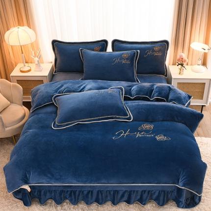 91家纺网 家纺一手货源 找家纺 （总）博兰蒂2022高克重牛奶绒素色绣花床裙四件套直播爆款-水仙