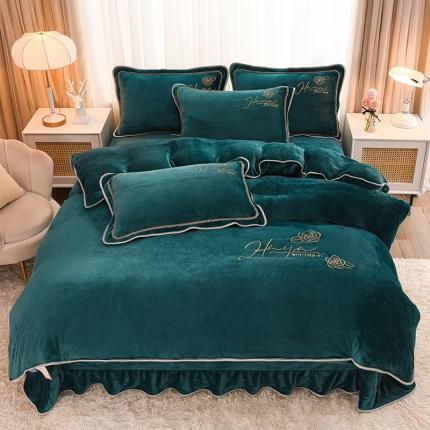 91家纺网 家纺一手货源 找家纺 （总）博兰蒂2022高克重牛奶绒素色绣花床裙四件套直播爆款-水仙