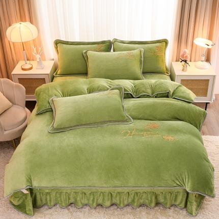 91家纺网 家纺一手货源 找家纺 （总）博兰蒂2022高克重牛奶绒素色绣花床裙四件套直播爆款-水仙