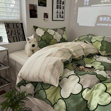 91家纺网 家纺一手货源 找家纺 金丝鸟家纺 2023新款全棉简约斜纹四件套 四叶草