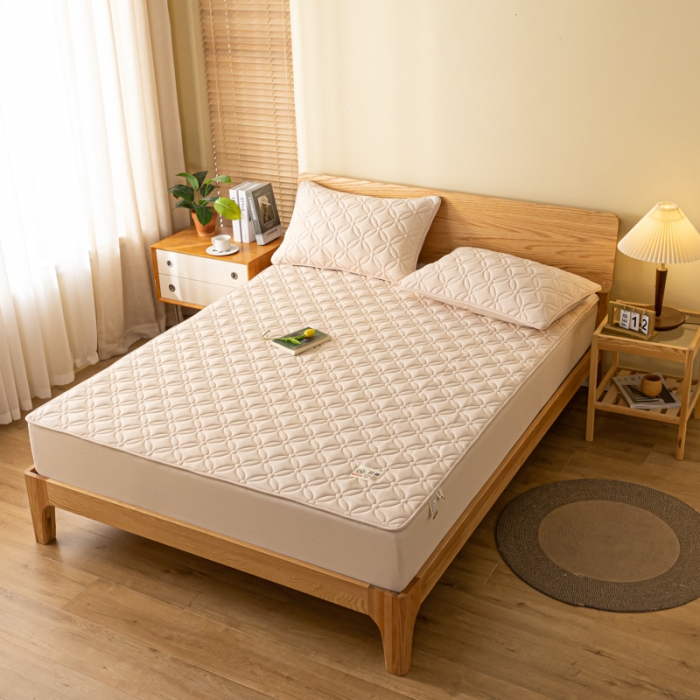 91家纺网 家纺一手货源 找家纺 芬晴 2023新款A类原棉夹棉抗菌床笠花语系列 花语-卡其