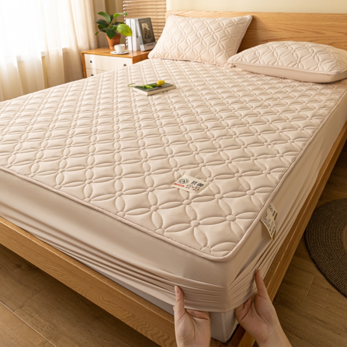 91家纺网 家纺一手货源 找家纺 芬晴 2023新款A类原棉夹棉抗菌床笠花语系列 花语-卡其