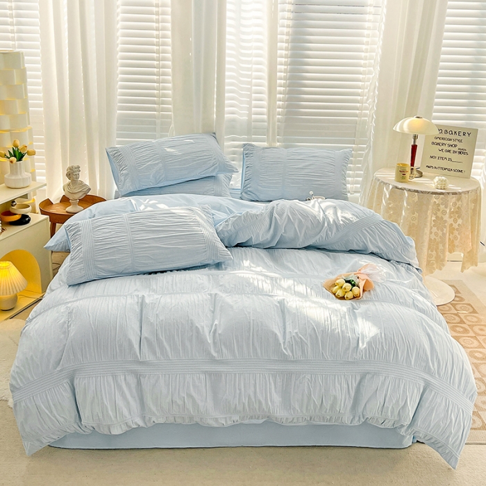 91家纺网 家纺一手货源 找家纺 娜娜 2022新款全棉泡泡纱四件套 泡泡纱-湖蓝