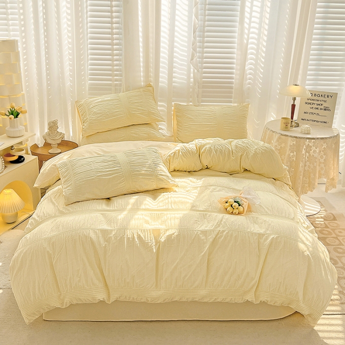 91家纺网 家纺一手货源 找家纺 娜娜 2022新款全棉泡泡纱四件套 泡泡纱-奶昔黄