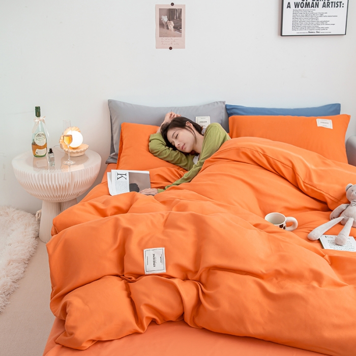 91家纺网 家纺一手货源 找家纺 芷凡家纺 2022新款雅棉纯色斜纹磨毛贴标款四件套 贴标款-橙色