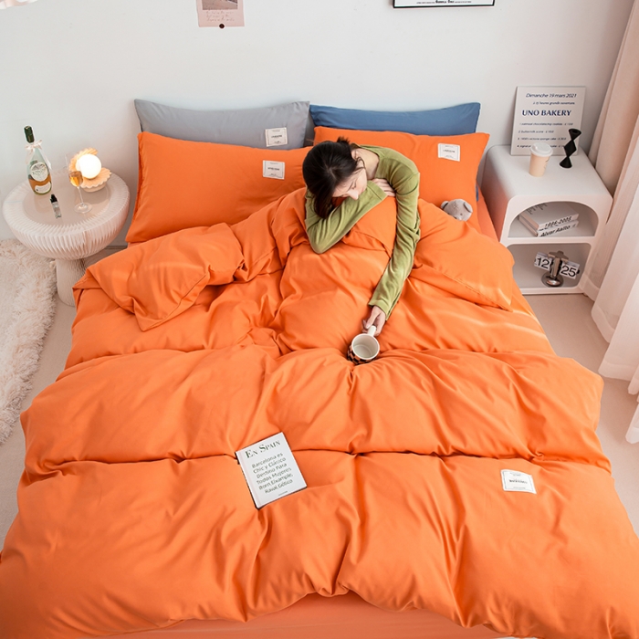 91家纺网 家纺一手货源 找家纺 芷凡家纺 2022新款雅棉纯色斜纹磨毛贴标款四件套 贴标款-橙色