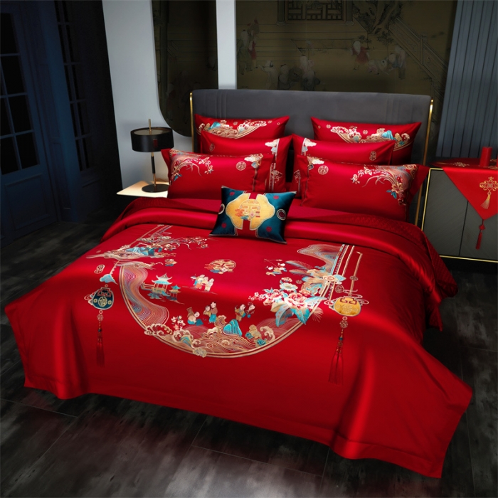 91家纺网 家纺一手货源 找家纺 （总）缔缦 2022新款秋冬婚庆长绒棉刺绣多件套代代相传