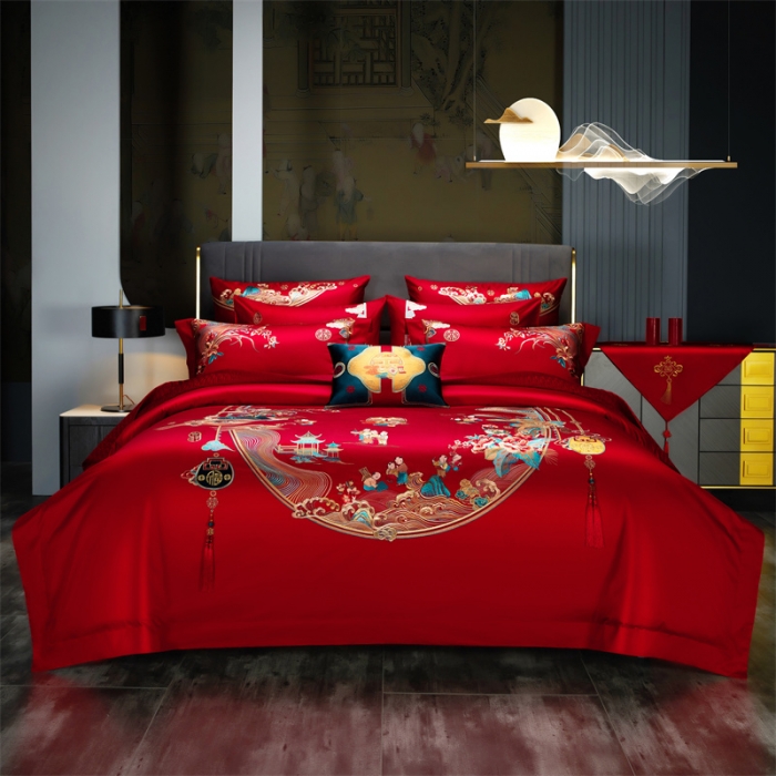 91家纺网 家纺一手货源 找家纺 （总）缔缦 2022新款秋冬婚庆长绒棉刺绣多件套代代相传