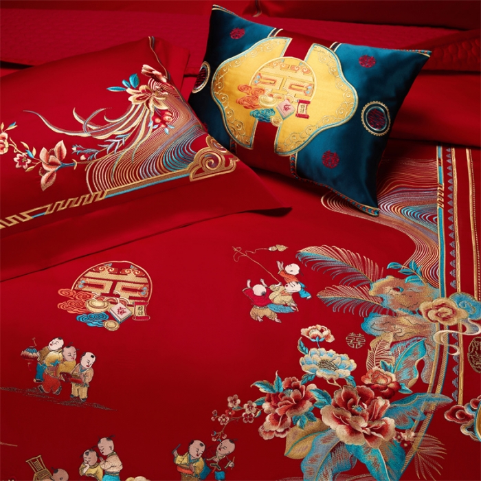 91家纺网 家纺一手货源 找家纺 （总）缔缦 2022新款秋冬婚庆长绒棉刺绣多件套代代相传