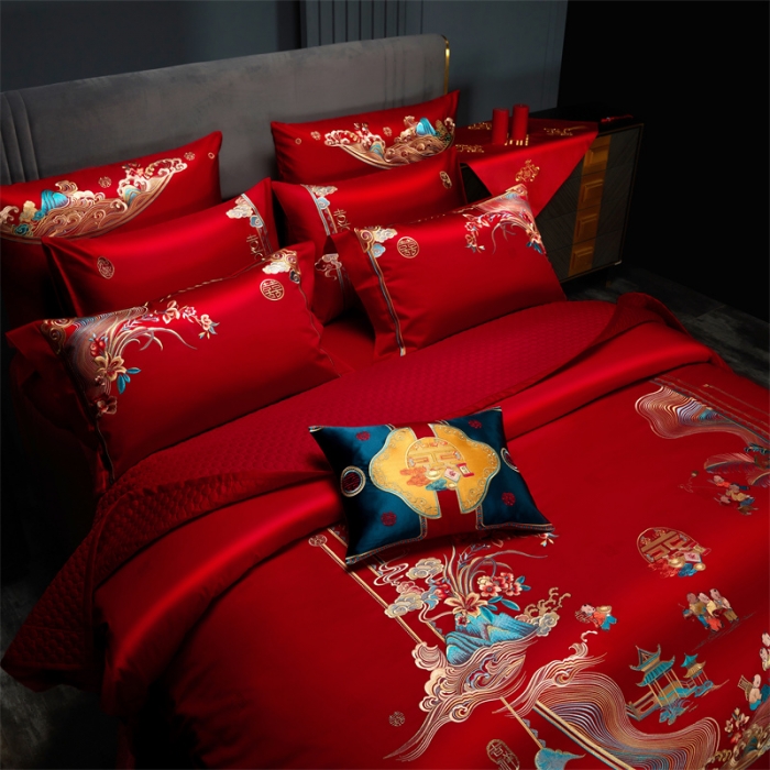 91家纺网 家纺一手货源 找家纺 （总）缔缦 2022新款秋冬婚庆长绒棉刺绣多件套代代相传