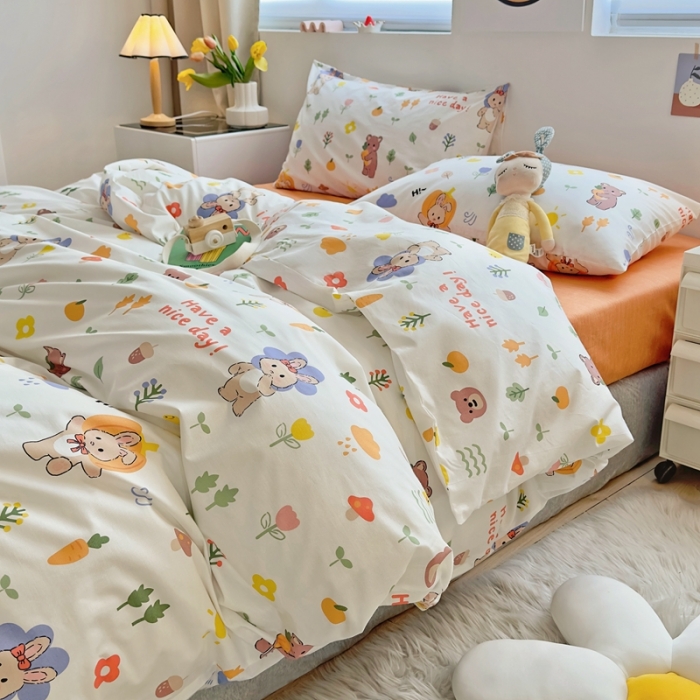 91家纺网 家纺一手货源 找家纺 怡家居 2022新款直播供货全棉卡通四件套 橙花趣