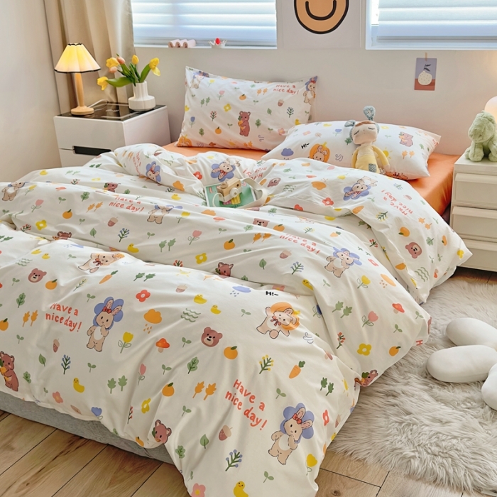 91家纺网 家纺一手货源 找家纺 怡家居 2022新款直播供货全棉卡通四件套 橙花趣