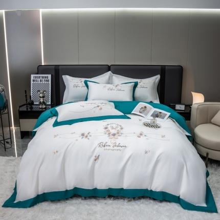 91家纺网 家纺一手货源 找家纺 绒世界 2022新款长绒棉刺绣四件套-浮生若梦 浮生若梦-白+绿