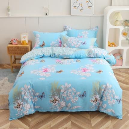 91家纺网 家纺一手货源 找家纺 圣锦 2025新款全棉四件套甜蜜花丛蓝