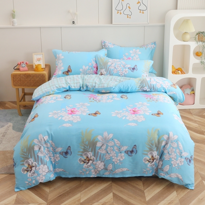 91家纺网 家纺一手货源 找家纺 圣锦 2025新款全棉四件套甜蜜花丛蓝