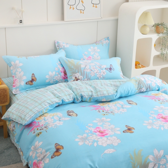 91家纺网 家纺一手货源 找家纺 圣锦 2025新款全棉四件套甜蜜花丛蓝