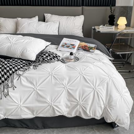 91家纺网 家纺一手货源 找家纺 千希家纺 2023新款工艺揪花轻奢水洗棉磨毛四件套 玛奇朵白拼灰