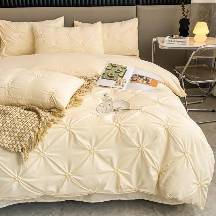 91家纺网 家纺一手货源 找家纺 千希家纺 2023新款工艺揪花轻奢水洗棉磨毛四件套 玛奇朵奶油黄