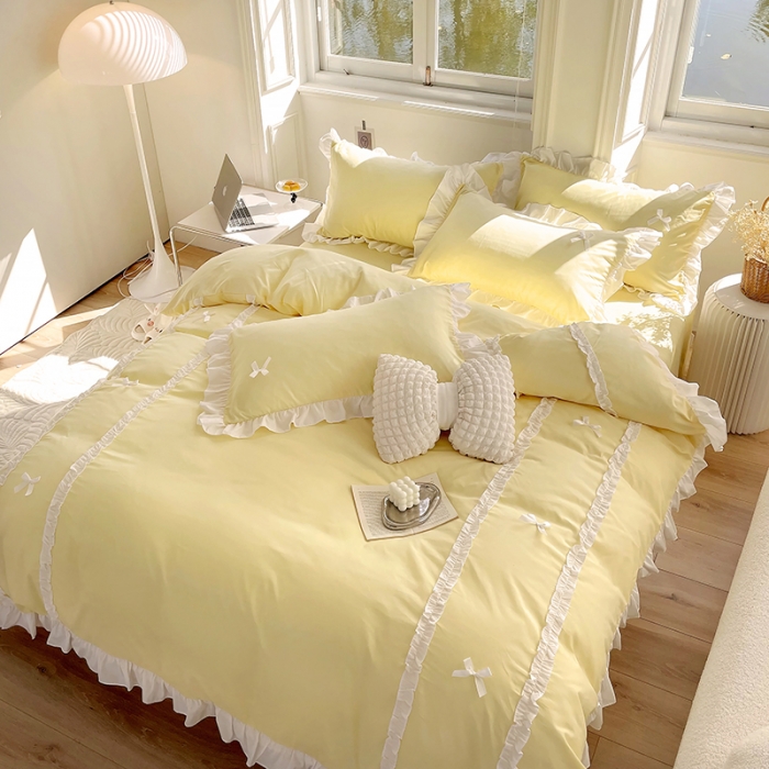 91家纺网 家纺一手货源 找家纺 （总）老K（美阁） 2023春夏新品纯色磨毛蝴蝶结韩版公主四件套