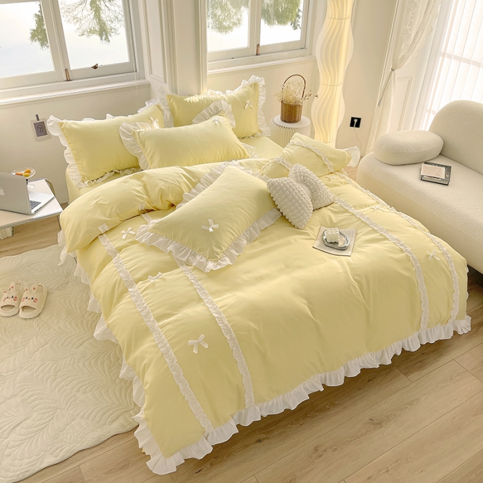 91家纺网 家纺一手货源 找家纺 （总）老K（美阁） 2023春夏新品纯色磨毛蝴蝶结韩版公主四件套