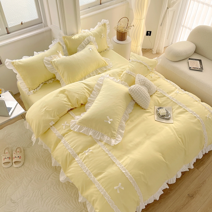 91家纺网 家纺一手货源 找家纺 （总）老K（美阁） 2023春夏新品纯色磨毛蝴蝶结韩版公主四件套