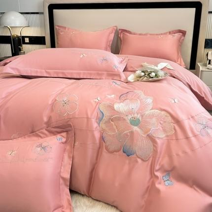 91家纺网 家纺一手货源 找家纺 大麦乐田 2023新款亲肤雅棉刺绣四件套-爱意 豆沙粉