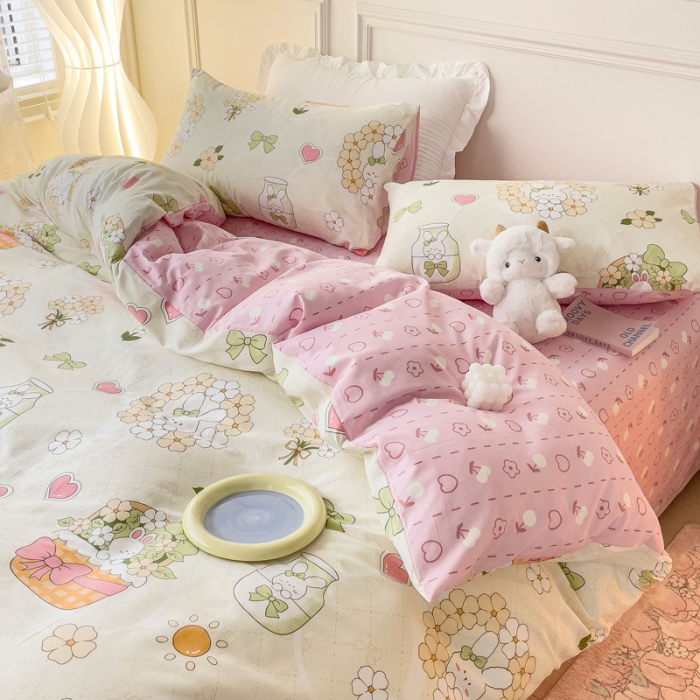 91家纺网 家纺一手货源 找家纺 感遇2022新款全棉印花四件套系列 爱心小兔