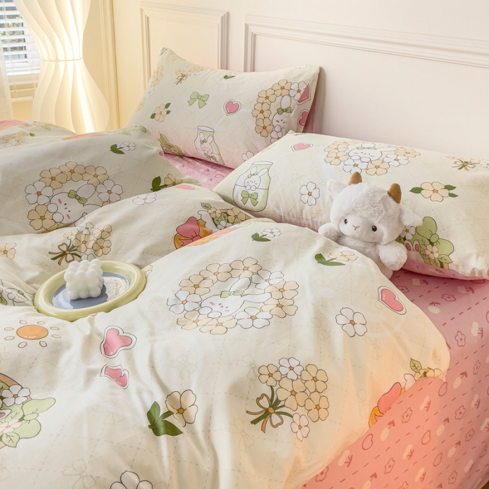 91家纺网 家纺一手货源 找家纺 感遇2022新款全棉印花四件套系列 爱心小兔