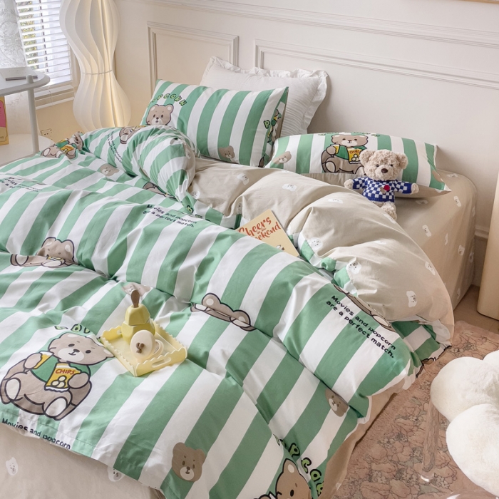 91家纺网 家纺一手货源 找家纺 感遇2022新款全棉印花四件套系列 绿条小熊