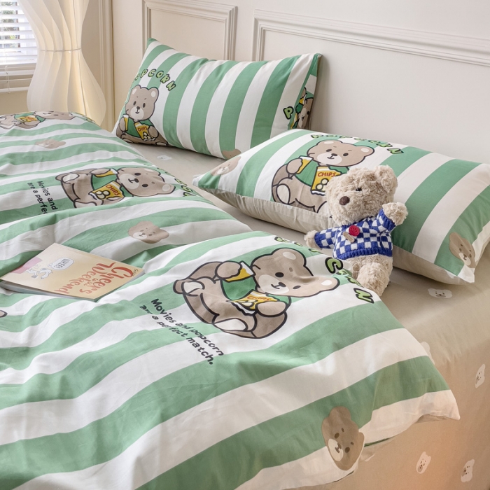 91家纺网 家纺一手货源 找家纺 感遇2022新款全棉印花四件套系列 绿条小熊