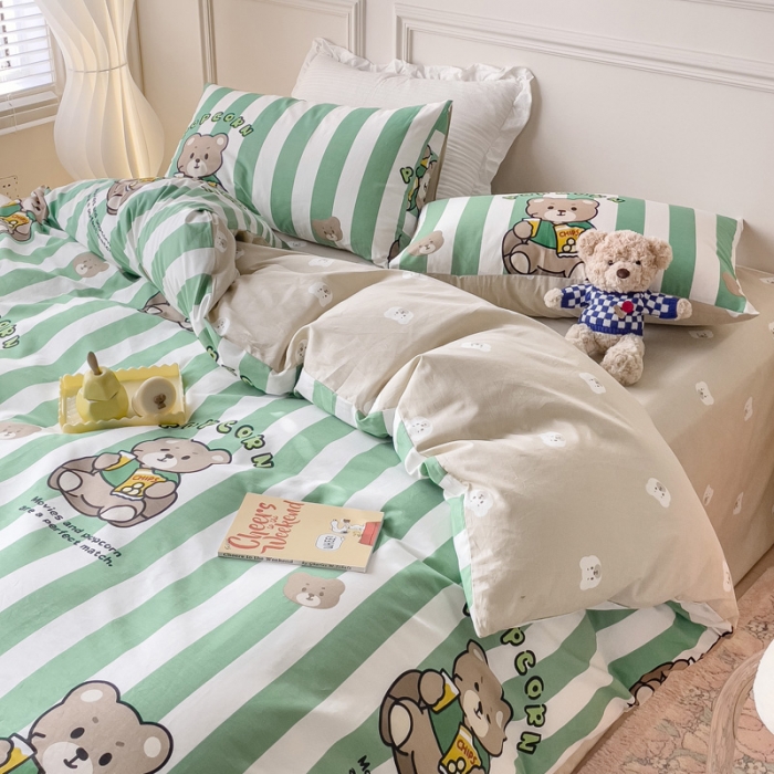 91家纺网 家纺一手货源 找家纺 感遇2022新款全棉印花四件套系列 绿条小熊