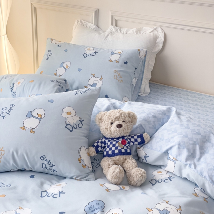 91家纺网 家纺一手货源 找家纺 感遇2022新款全棉印花四件套系列 萌萌鸭