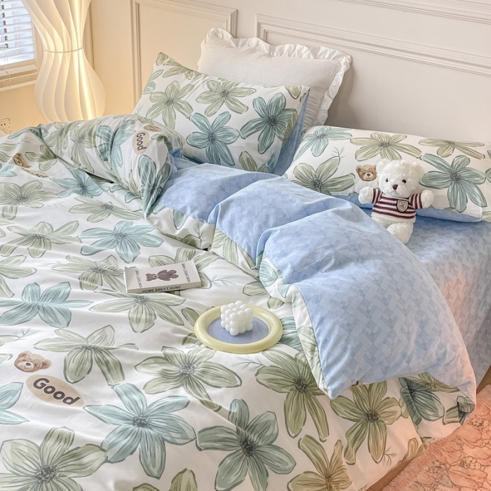 91家纺网 家纺一手货源 找家纺 感遇2022新款全棉印花四件套系列 青石绿小熊