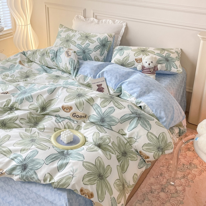 91家纺网 家纺一手货源 找家纺 感遇2022新款全棉印花四件套系列 青石绿小熊