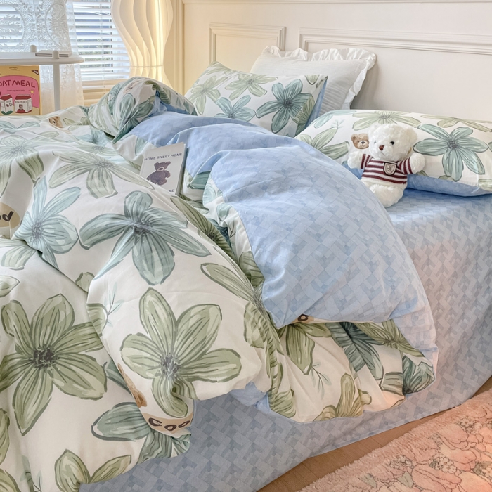 91家纺网 家纺一手货源 找家纺 感遇2022新款全棉印花四件套系列 青石绿小熊