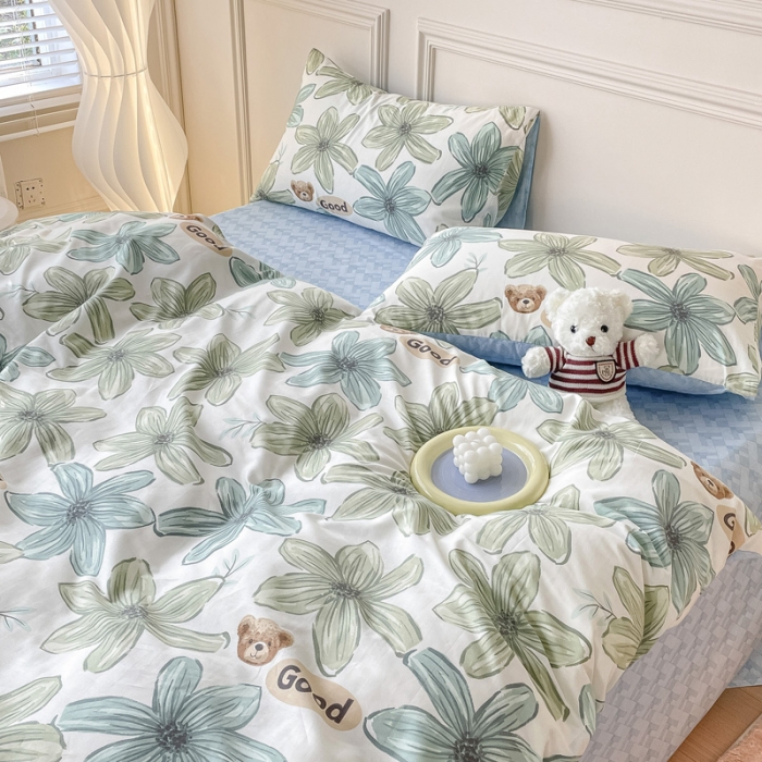 91家纺网 家纺一手货源 找家纺 感遇2022新款全棉印花四件套系列 青石绿小熊