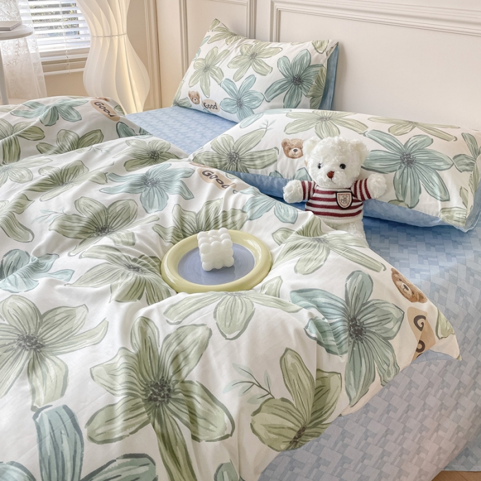 91家纺网 家纺一手货源 找家纺 感遇2022新款全棉印花四件套系列 青石绿小熊