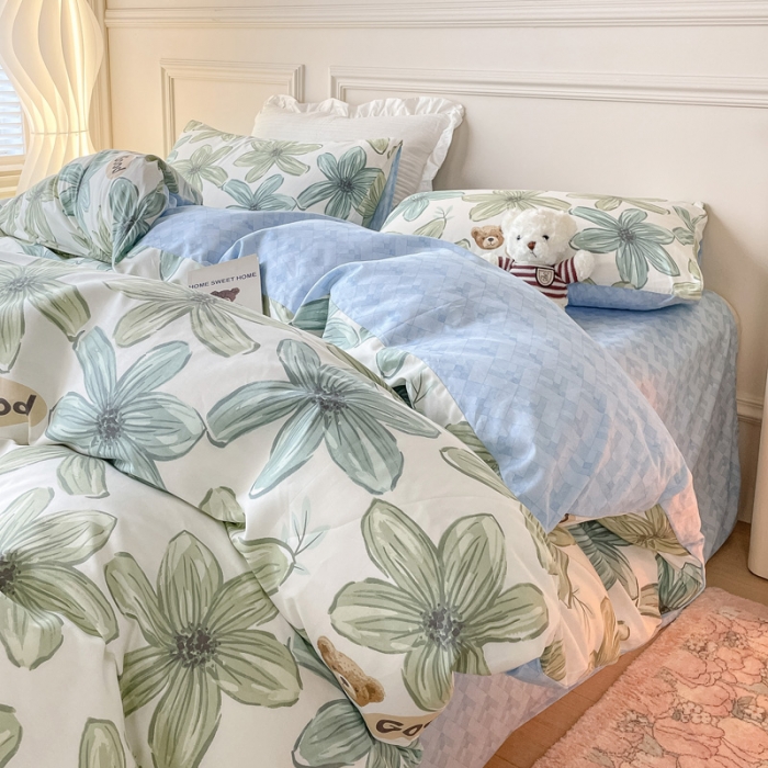 91家纺网 家纺一手货源 找家纺 感遇2022新款全棉印花四件套系列 青石绿小熊