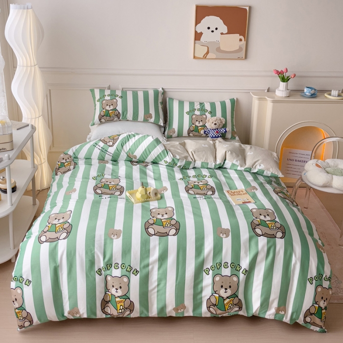 91家纺网 家纺一手货源 找家纺 感遇2022新款全棉印花四件套系列 绿条小熊