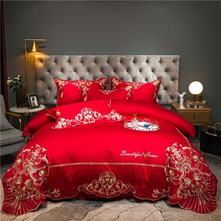 91家纺网 家纺一手货源 找家纺 红番天 热卖款全棉提花贡缎磨毛四件套维多利亚 孔雀绿