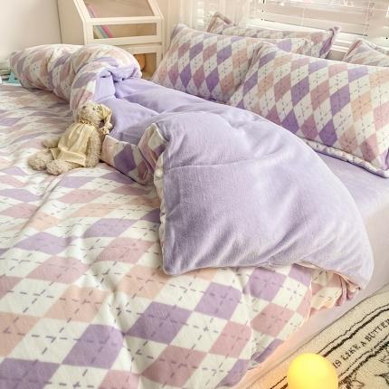 91家纺网 家纺一手货源 找家纺 瑞莱 2023冬季牛奶绒爆款花色单品被套 菱格淡紫