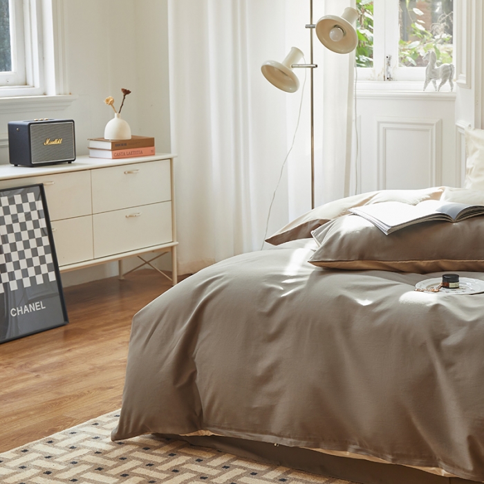 91家纺网 家纺一手货源 找家纺 怡家居 2022新款全棉100支磨毛四件套 暗咖-浅咖其