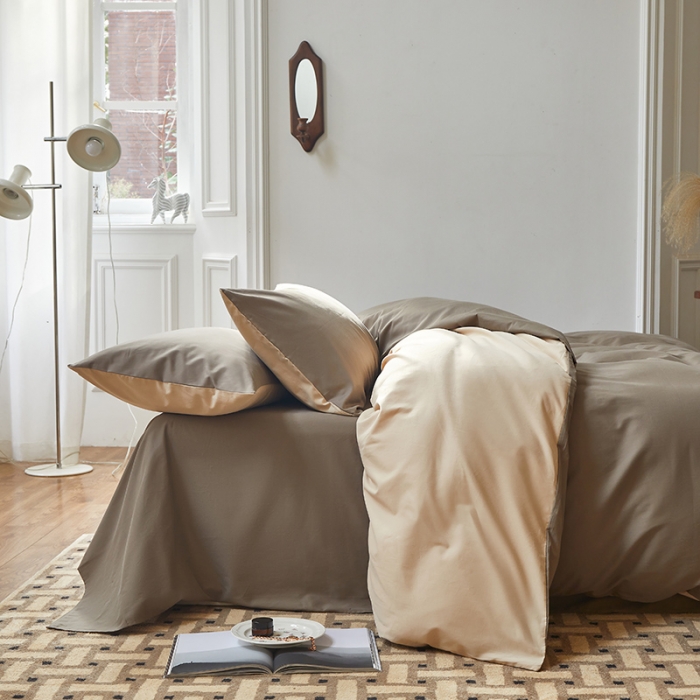 91家纺网 家纺一手货源 找家纺 怡家居 2022新款全棉100支磨毛四件套 暗咖-浅咖其